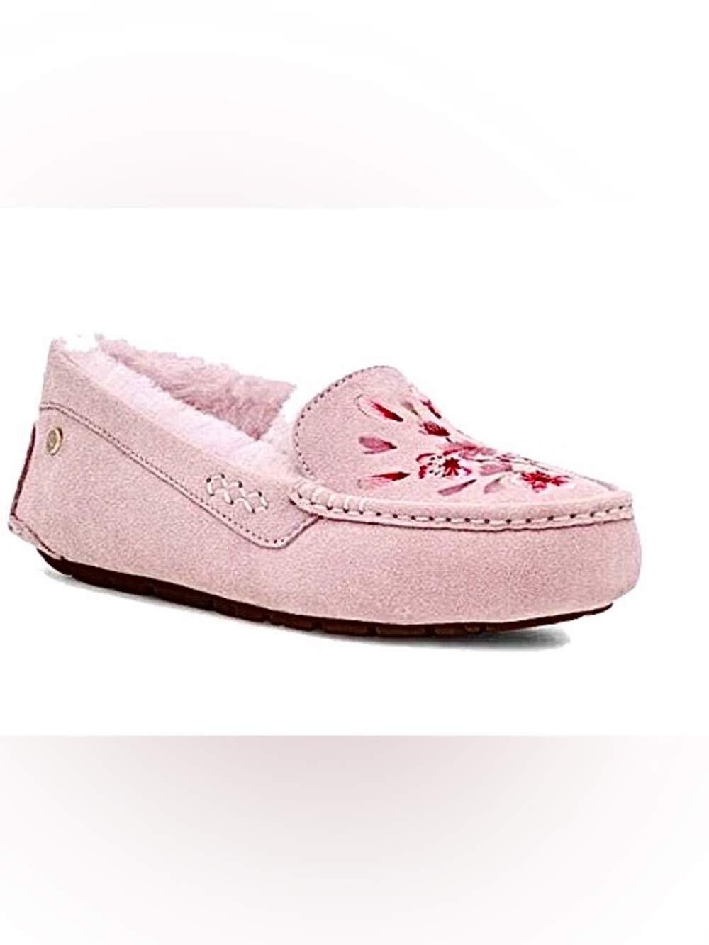 UGG Ansley Blossom Embroidery Pink Suede Slipper Moccasins Fur Lined 7 MSRP $130